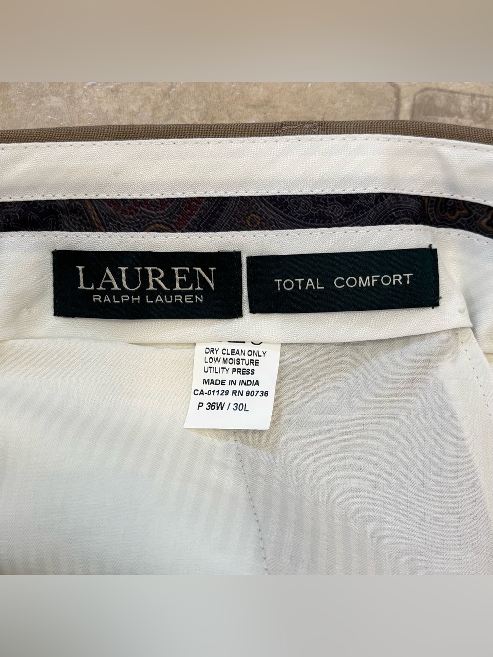 Lauren Ralph Lauren Total Comfort 100% Wool Men's Trouser, 36x30, Khaki/Taupe - Picture 5 of 15